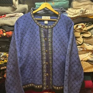Vintage Tally Ho Blue 100% Wool Nordic Fair Isle Cardigan Sweater Size Large